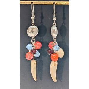 Vintage Silver Tone Multi-Color Bead Ball Acrylic Horn Dangle Earrings